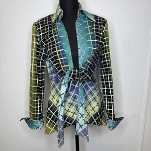 Finley Sylvia Infinity Tie Front Blouse Green Blue Plaid Grid Cotton Top Mens M